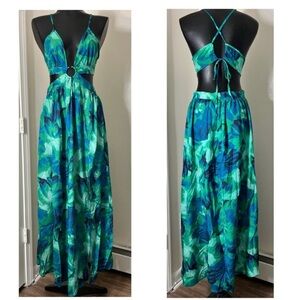 Floral Cut Out Laced Back Side Slit Maxi Dress